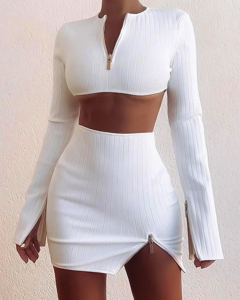 Ribbed Long Sleeve Crop Top & Zipper Design Skirt Set