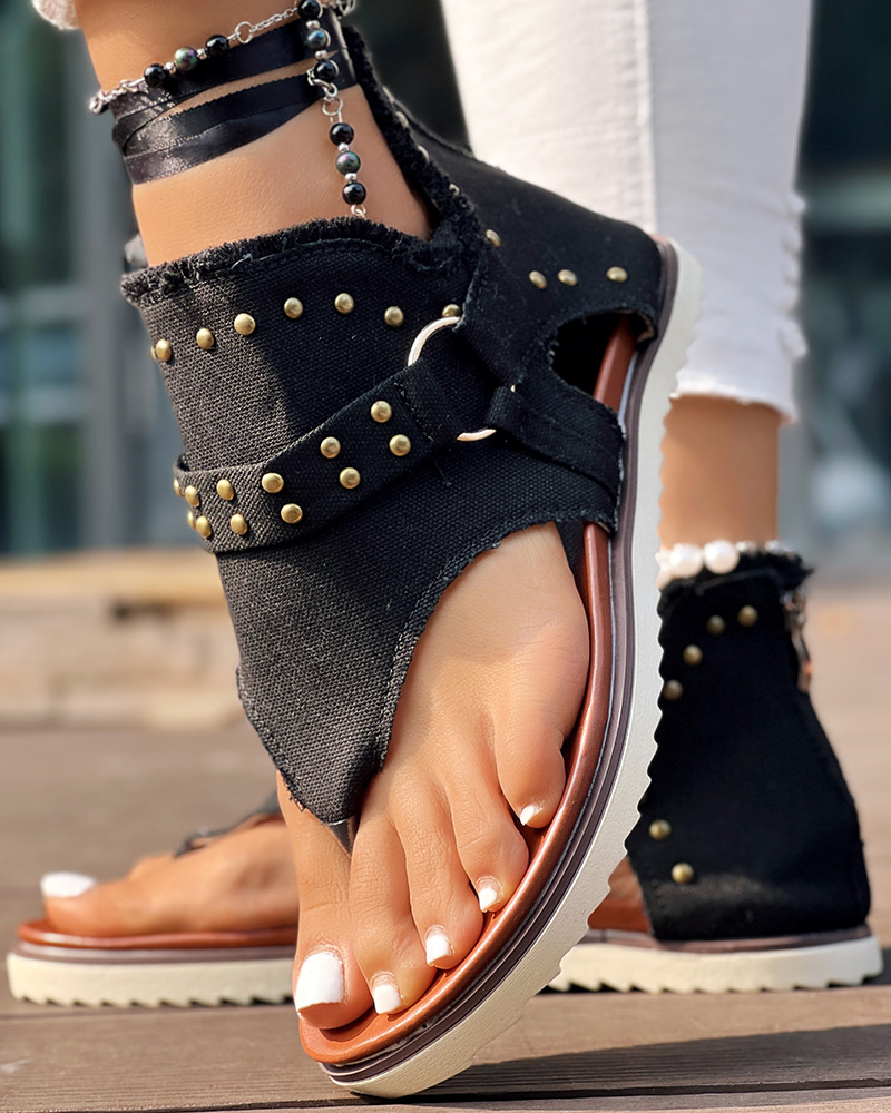 Star Print Studded Fringe Hem Sandals