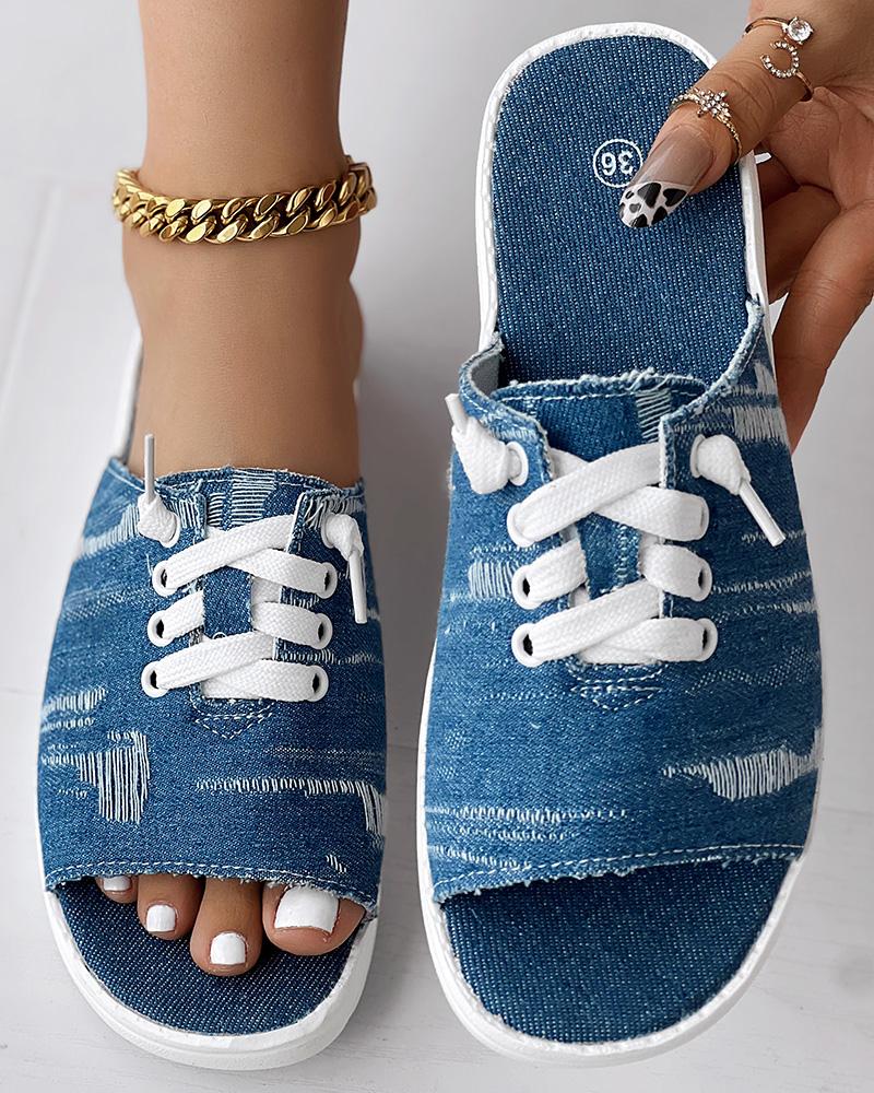 Ripped Peep Toe Slippers Denim Lace-up Sandals