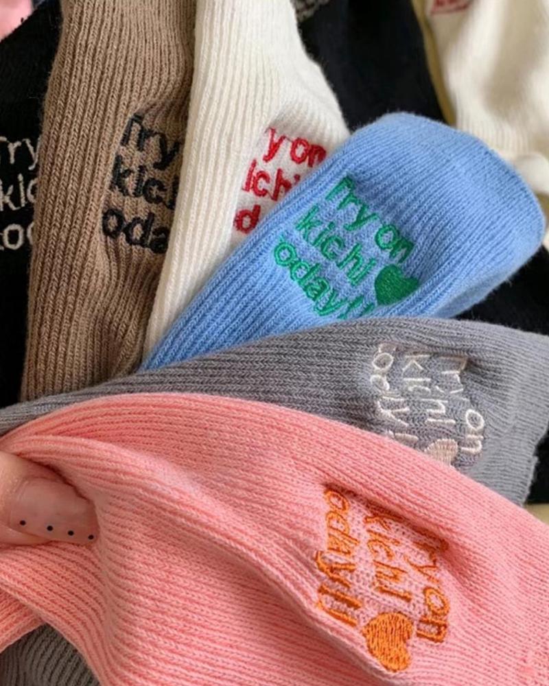 1Pair Slogan Pattern Knit Crew Socks