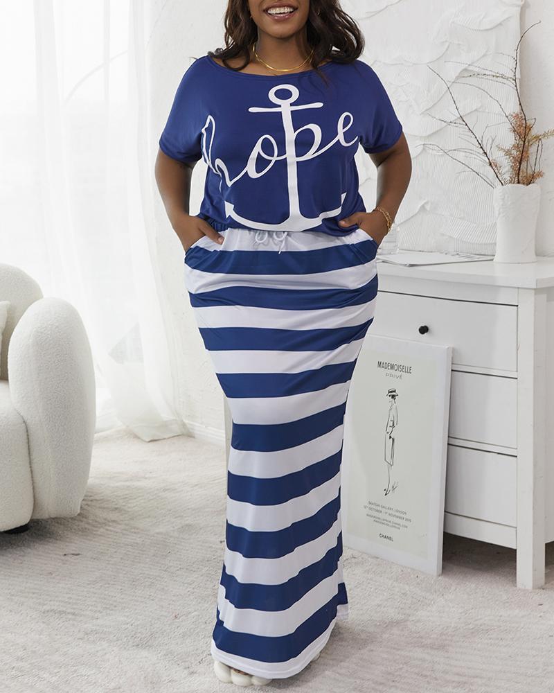 Plus Size Anchor Letter Print Top & Striped Skirt Set