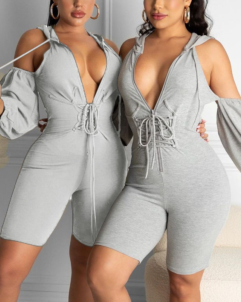 Lace-up Zip Front Cold Shoulder Hooded Romper