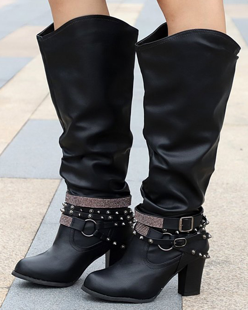 Ruched Rhinestone Decor Studded Buckled Boots