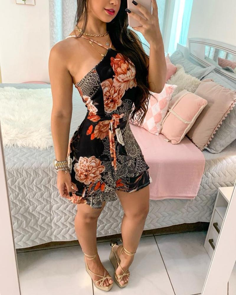 Floral Tribal Print One Shoulder Dress