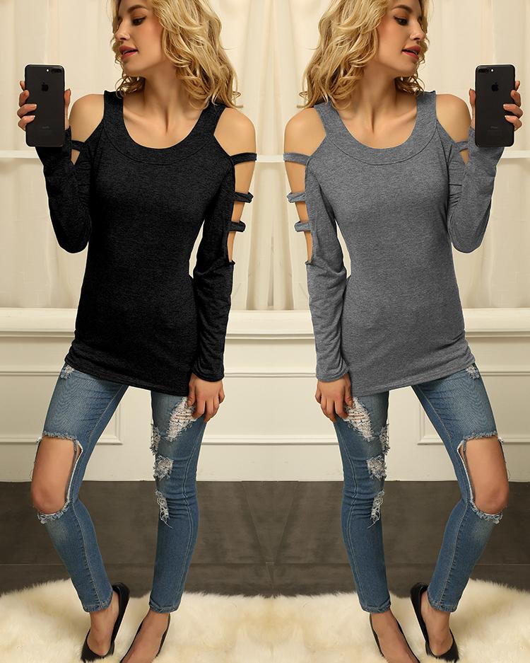 Ladder Cut Out Sleeve Casual Blouse