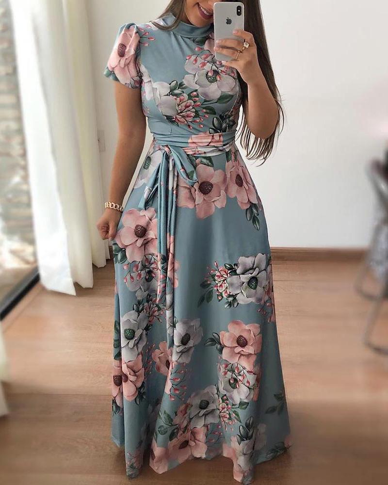 Floral Print Short Sleeve Tied Detail Maxi Dress