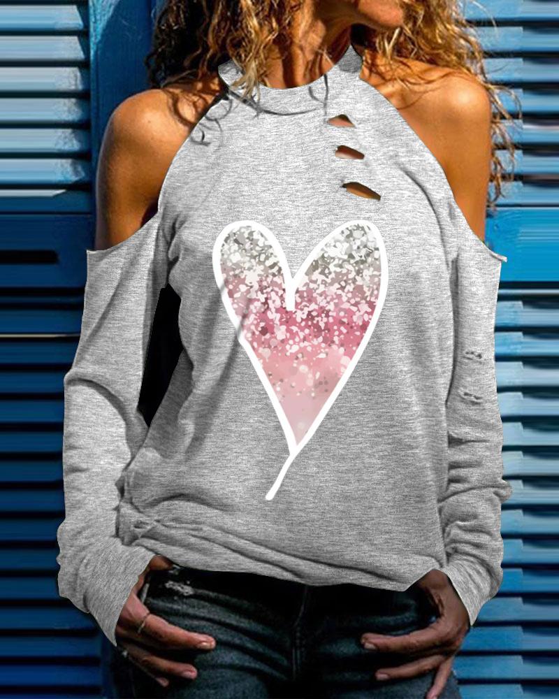 Valentine's Day Heart Print Cold Shoulder Top