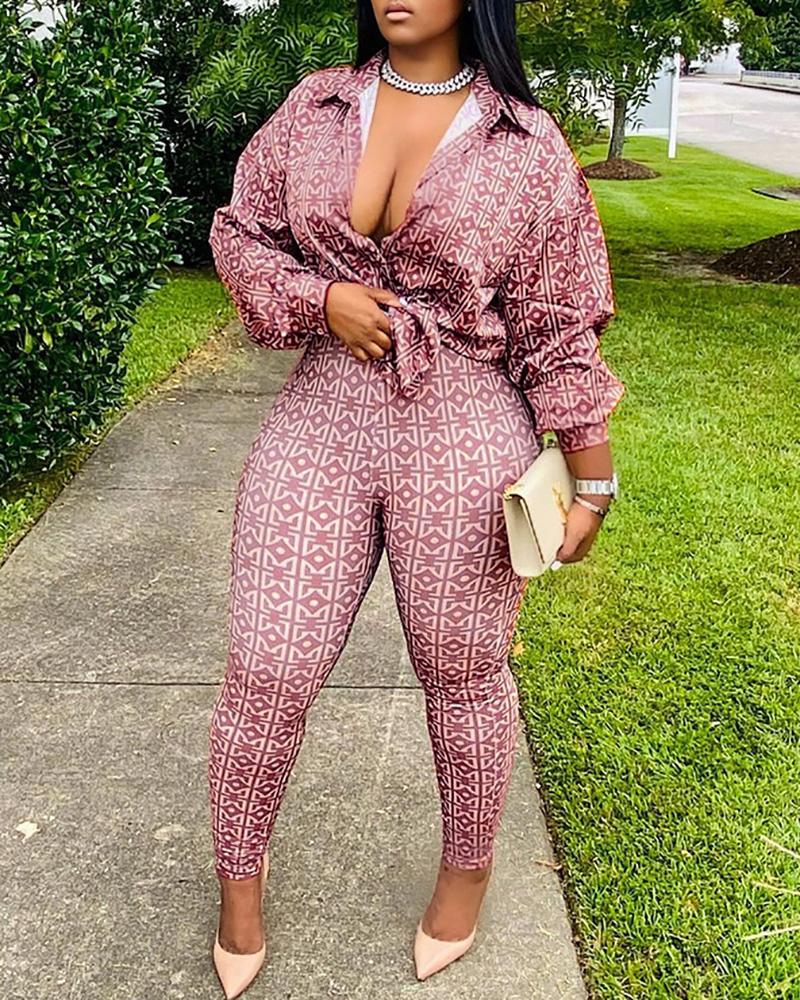 Plus Size Geo Pattern Shirt & High Waist Pants Set