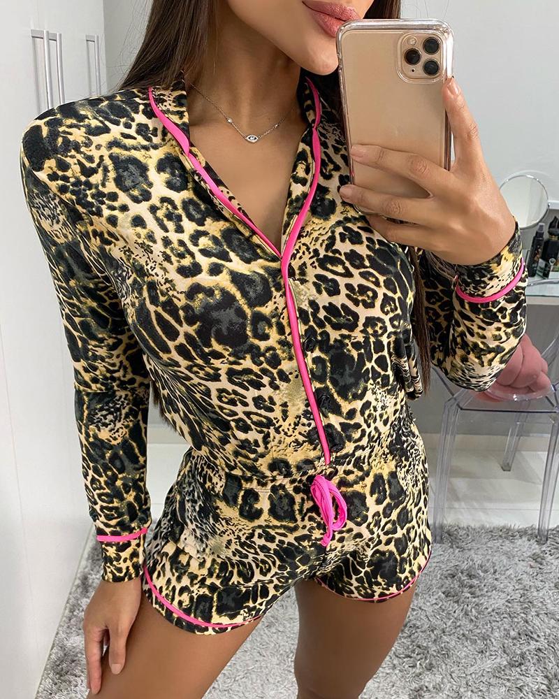 Cheetah Print Contrast Binding Drawstring Pajamas Set