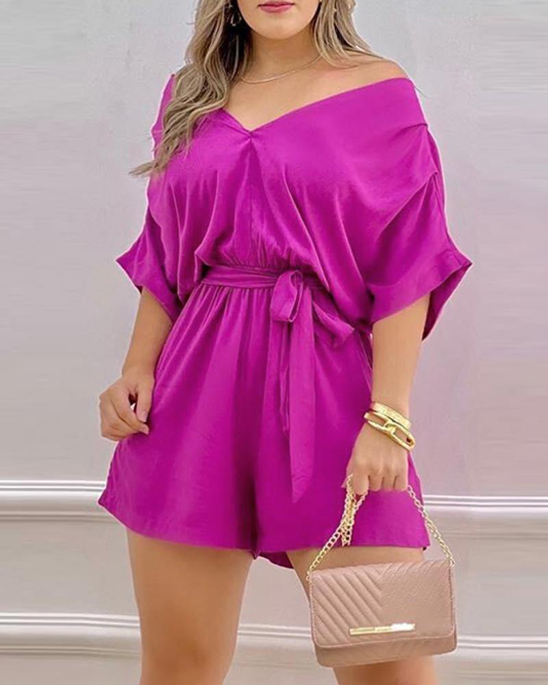 V-Neck Ruched Batwing Sleeve Belted Romper