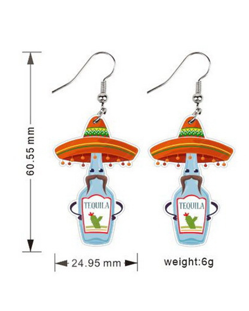 1Pair Cinco De Mayo Mexico Cartoon Horse Hat Skull Wine Bottle Cactus Jalapeno Earrings