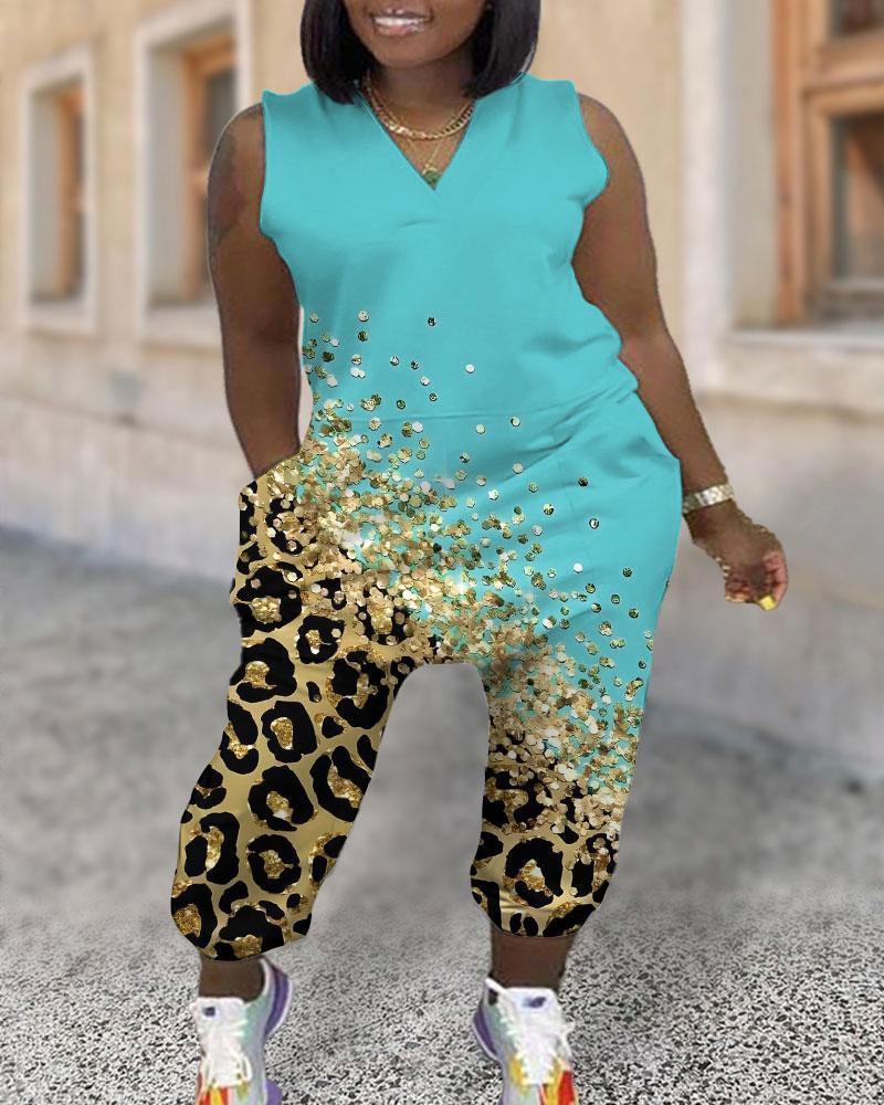 Jumpsuits&Rompers Plus Size Comtrast Leopard Print Pocket Design Harem Jumpsuit