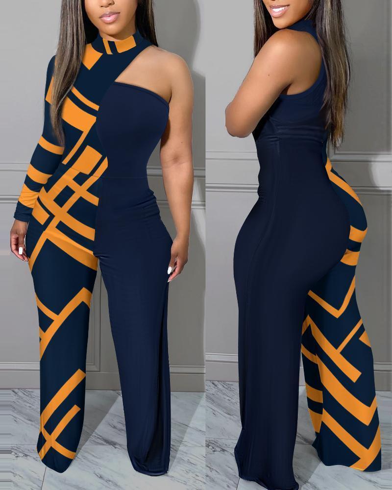 Geometric Print One Shoulder Long Sleeve Jumpsuit