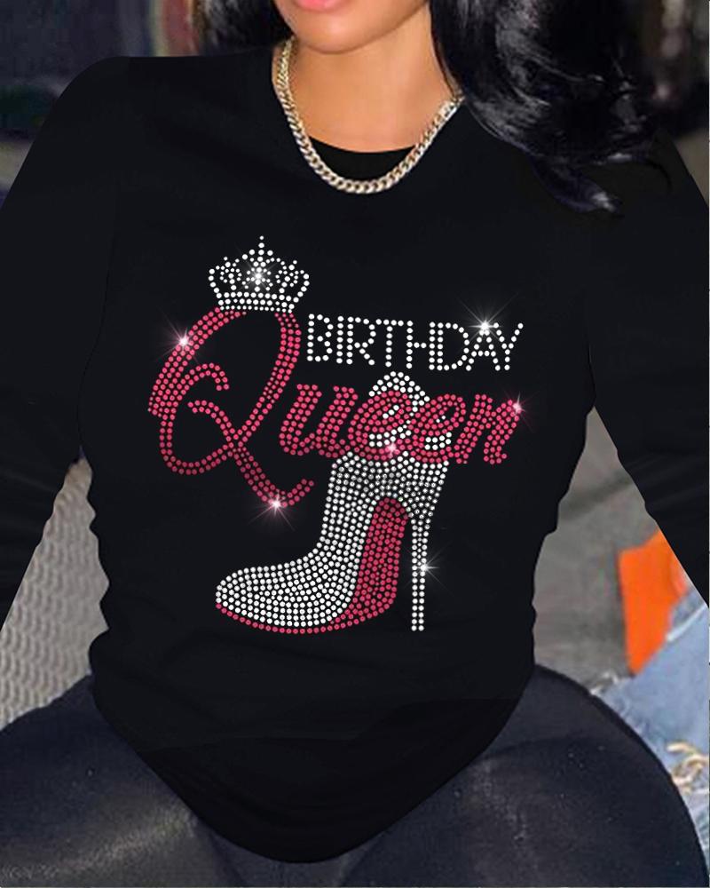 Plus Size Birthday Queen Rhinestone Long Sleeve Casual Top