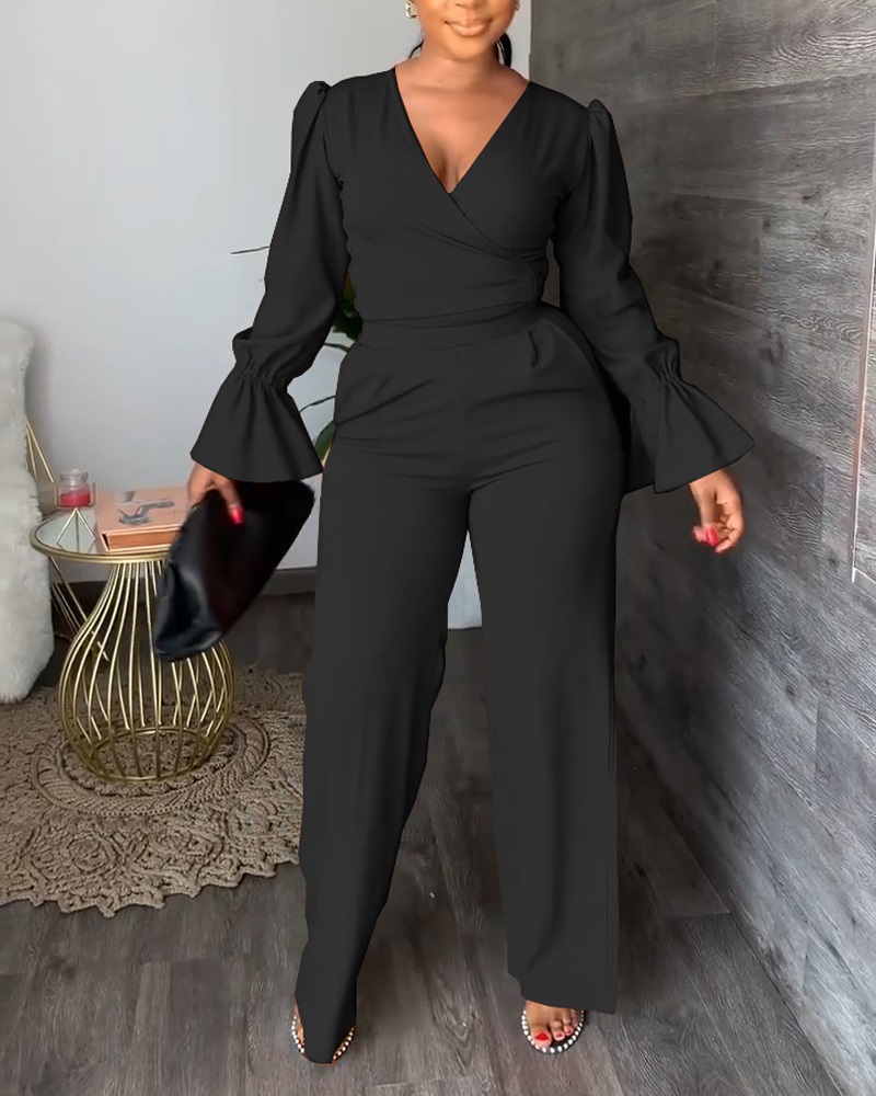 Bell Sleeve Tied Detail Wrap Top & Pants Set