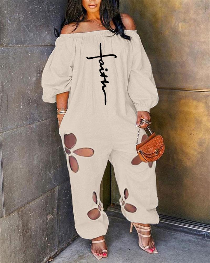 Plus Size Faith Print Hollow Out Off Shoulder Jumpsuit