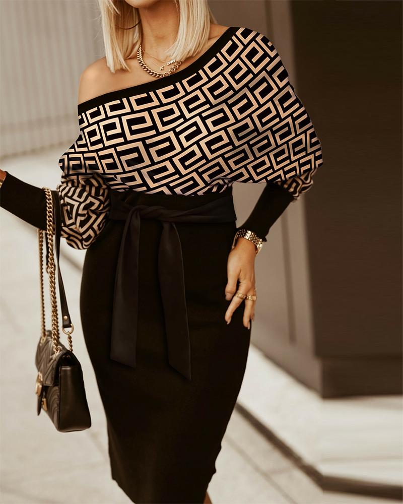 Geo Print Batwing Sleeve Belted Midi Dress