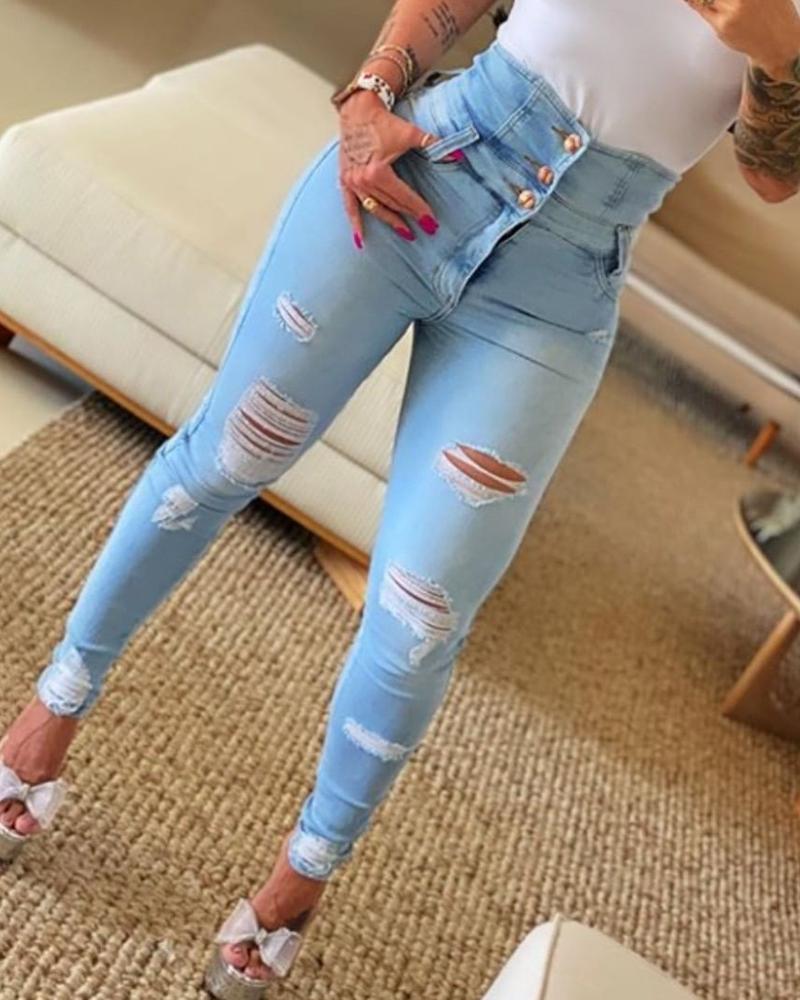  High Waist Buttoned Cutout Ripped Skinny Jeans