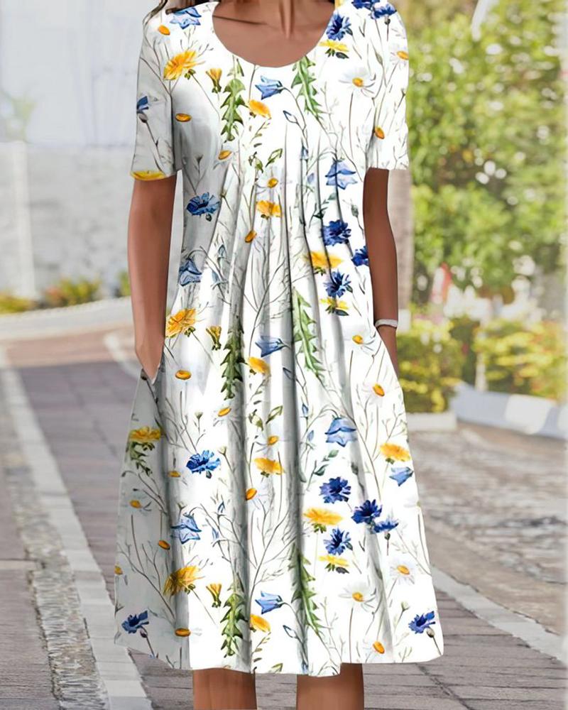 Floral Print Pleated Detail Casual Dress