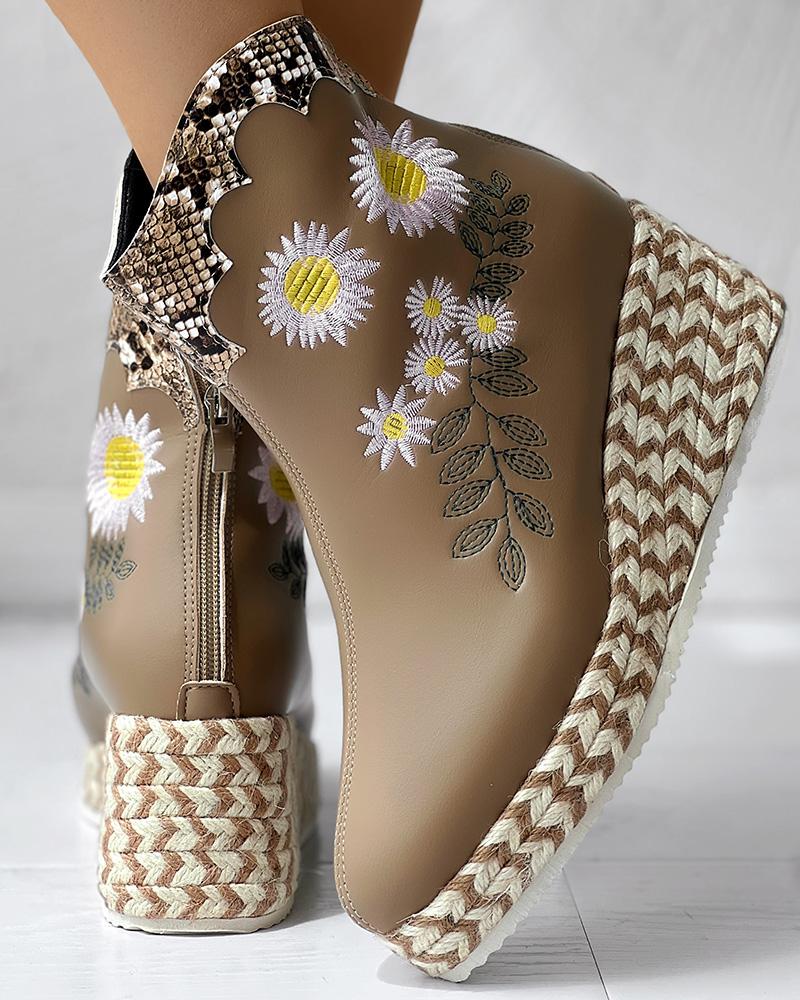 Snakeskin Pattern Daisy Floral Embroidery Sequin Espadrilles Platform Ankle Boots