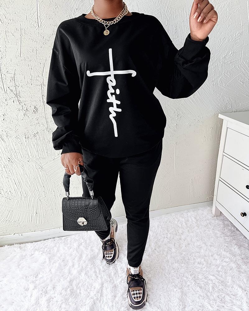 Letter Print Long Sleeve Sweatshirt & Pants Set