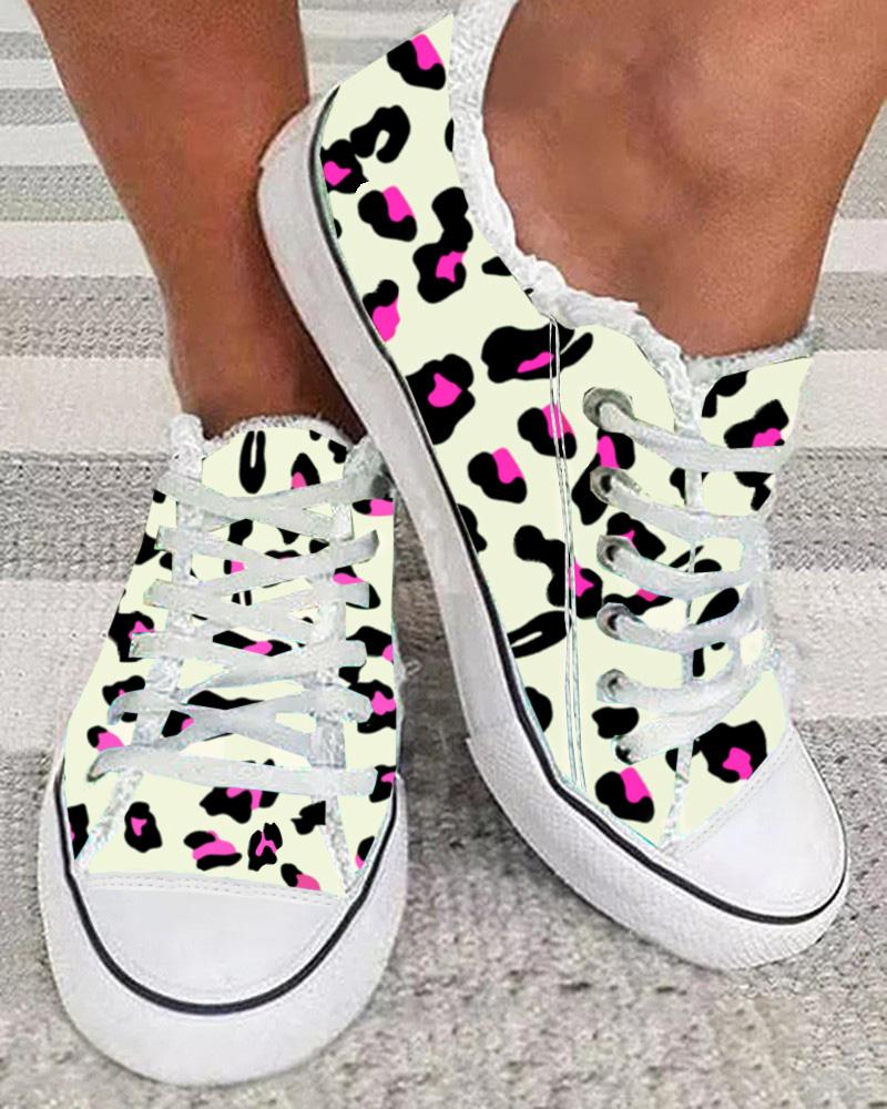 Leopard Print Raw Hem Lace-up Canvas Sneakers
