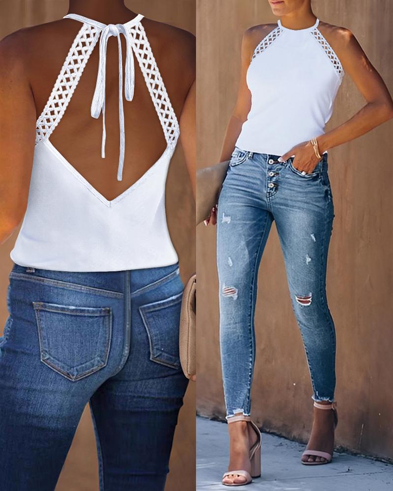 Lace Patch Backless Tied Detail Top