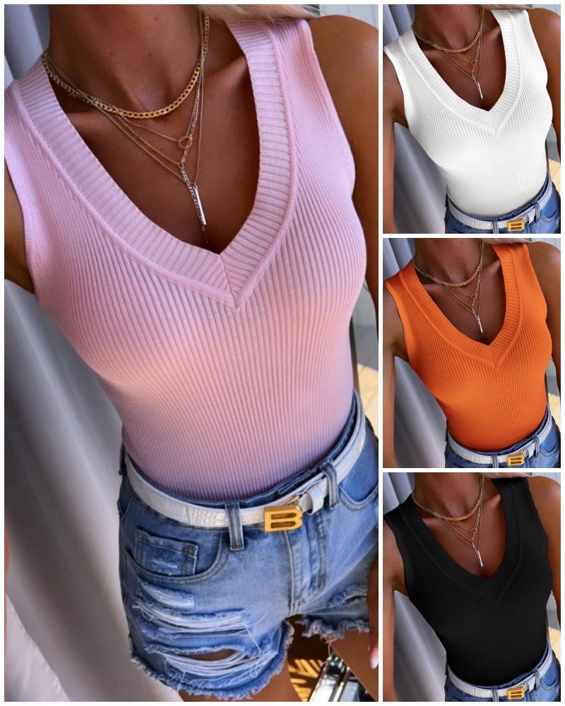 V-Neck Sleeveless Ribbed Basics Knit Tank Top