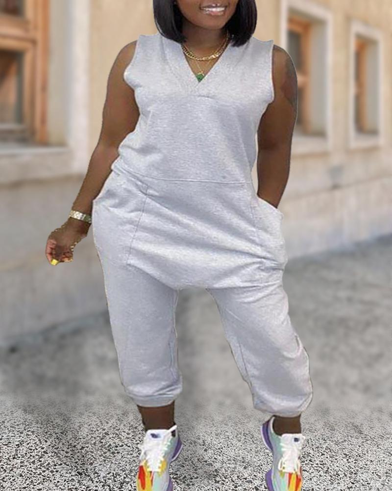 Plus Size V-Neck Pocket Design Sleeveless Jumpsuit