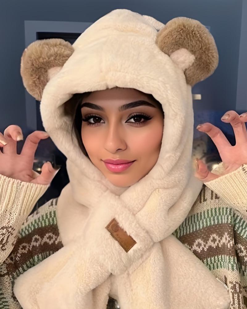 Fuzzy Winter Thermal Earmuffs One-Piece Scarf Hat With Bear Ears