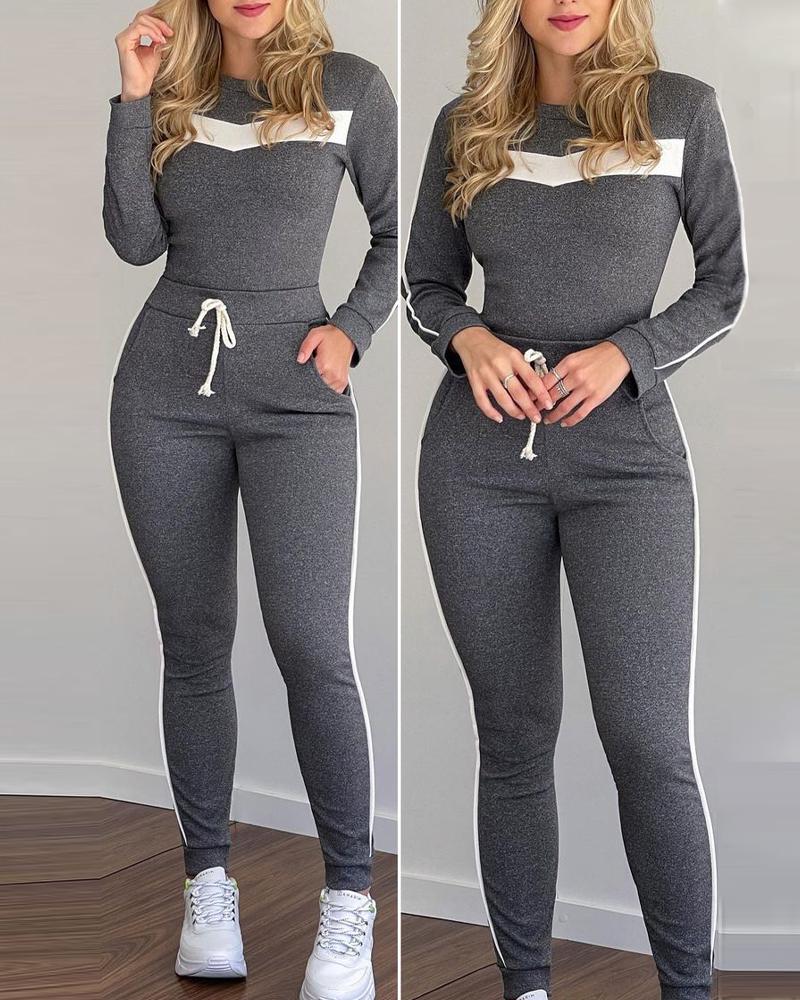 Contrast Binding Colorblock Long Sleeve Top & Drawstring Pocket Pants Set