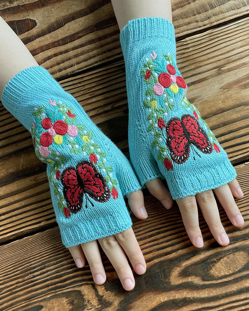 1Pair Floral Butterfly Embroidery Fingerless Knit Gloves