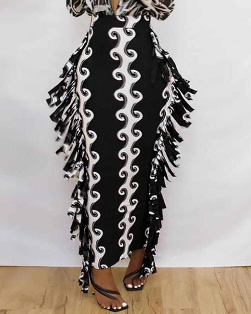  Tassel Design Graphic Print Maxi Skirt