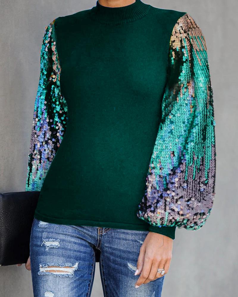 Lantern Sleeve Sequins Colorblock Top