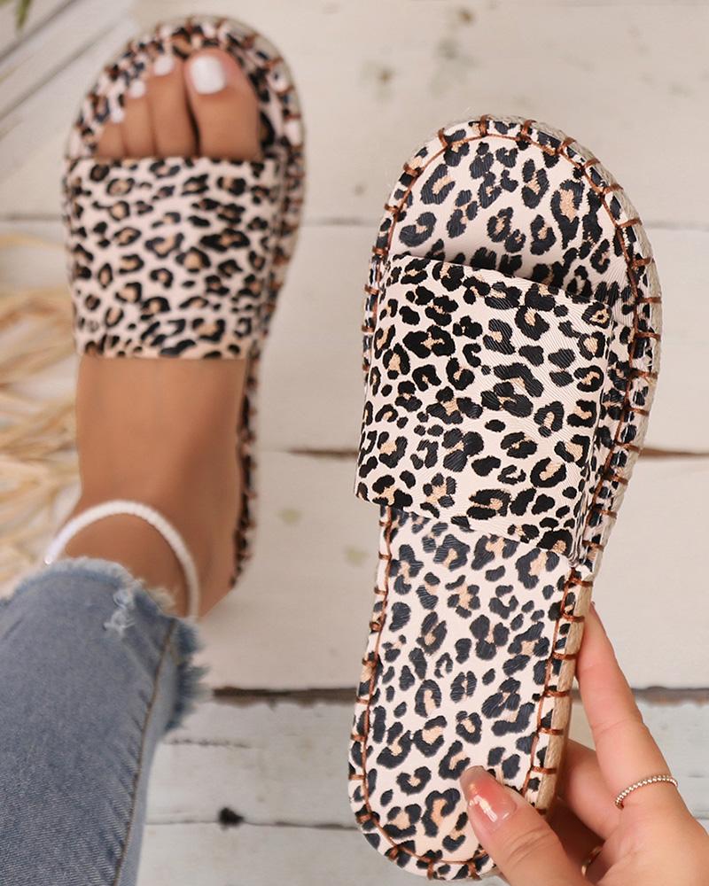 Leopard Print Wide Strap Slippers