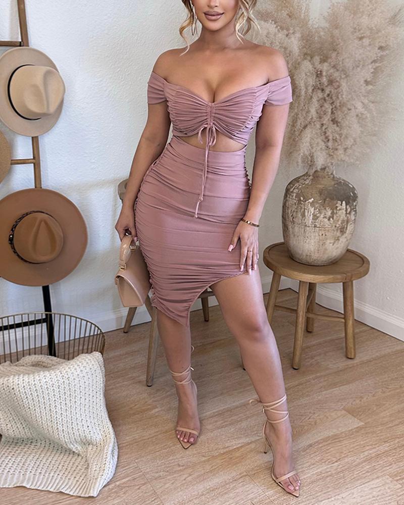 Drawstring Ruched Cutout Off Shoulder Slit Bodycon Dress