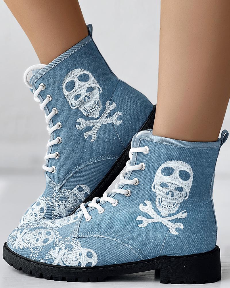 Halloween Toxic Skull Head Sign Embroidery Lace-up Ankle Boots