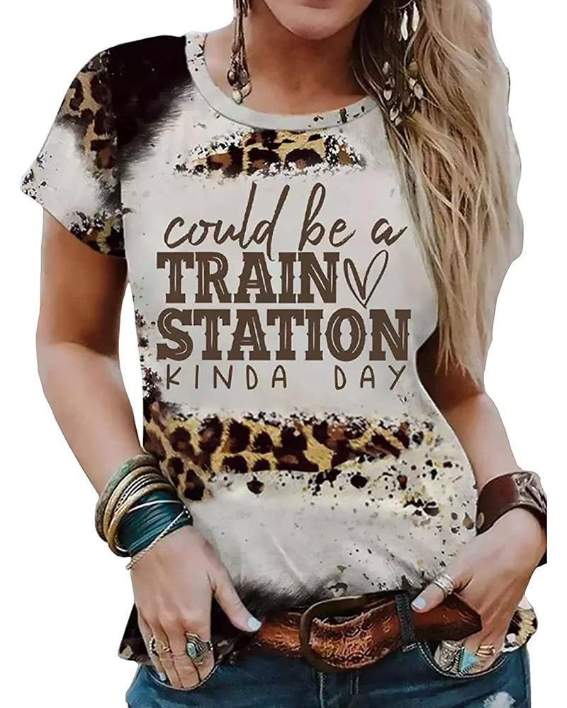 Women's Leopard Retro Letter Print Casual Top