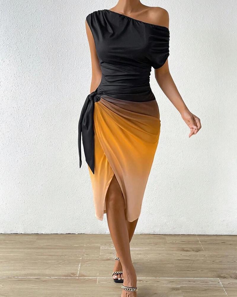 Ombre Ruched Skew Neck Slit Party Dress