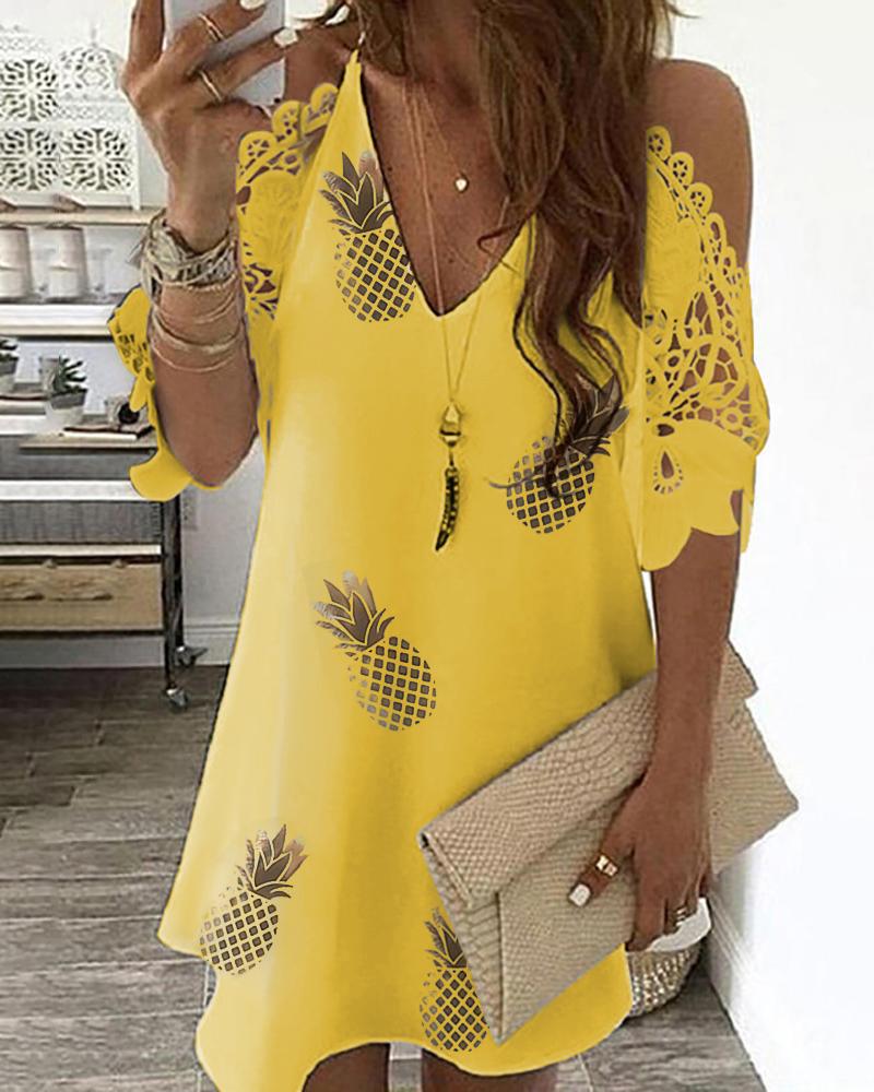 Pineapple Print Cold Shoulder Lace Dress