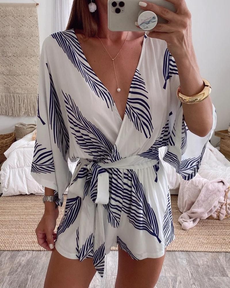 Palm Leaf Print Plunge Casual Romper