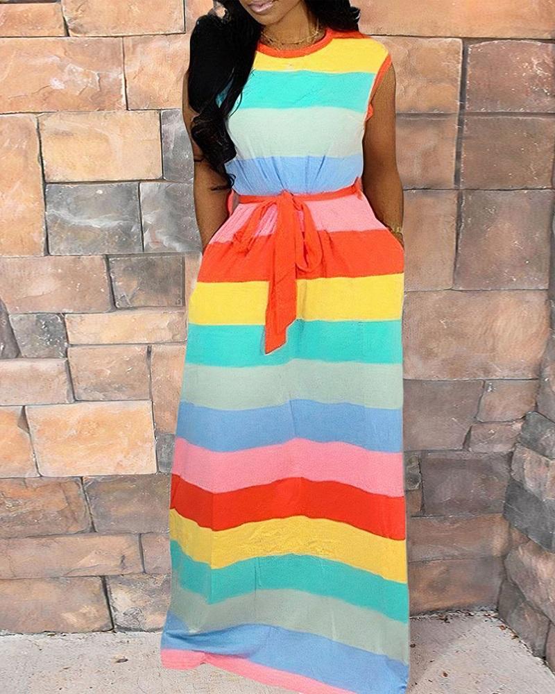 Striped Colorblock Sleeveless Casual Dress