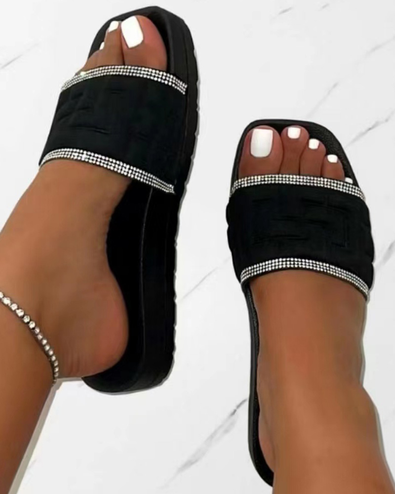 Rhinestone Contrast Paneled Wide Strap Slippers