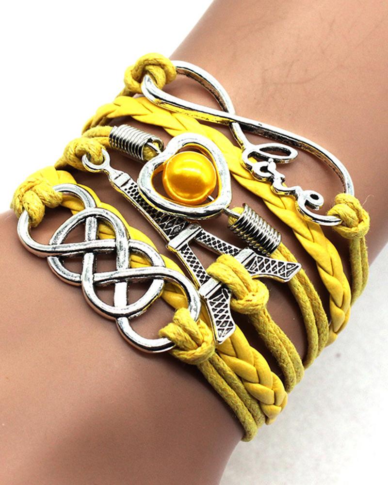 1pcs Multilayer Hollow Heart Faux Pearl Decor Eiffel Tower Love Letter Design Bohemian Braided Bracelet