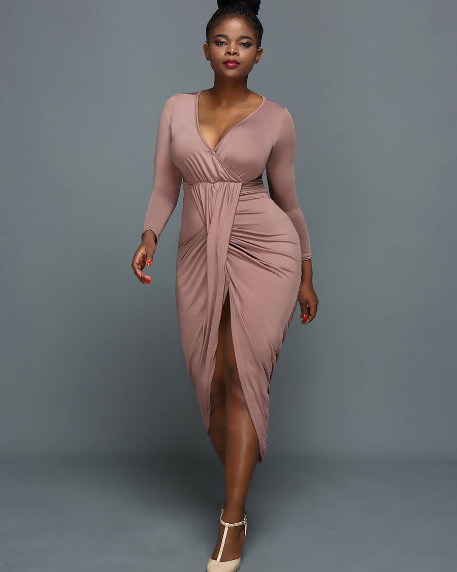 Deep V Ruched Tulip Hem Party Dress