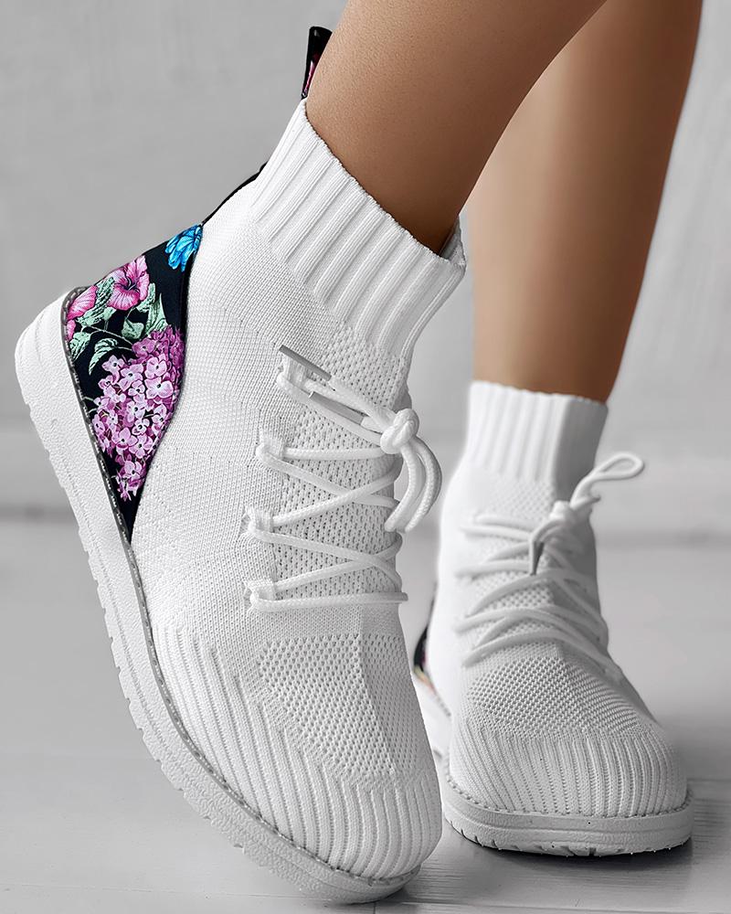 Floral Print Patchwork Bootie Sneakers Lace-up Ankle Boots