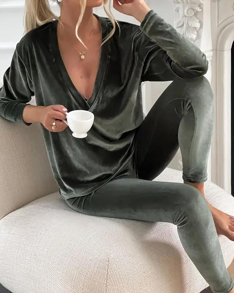 Velvet Deep V-Neck Top & Pants Set