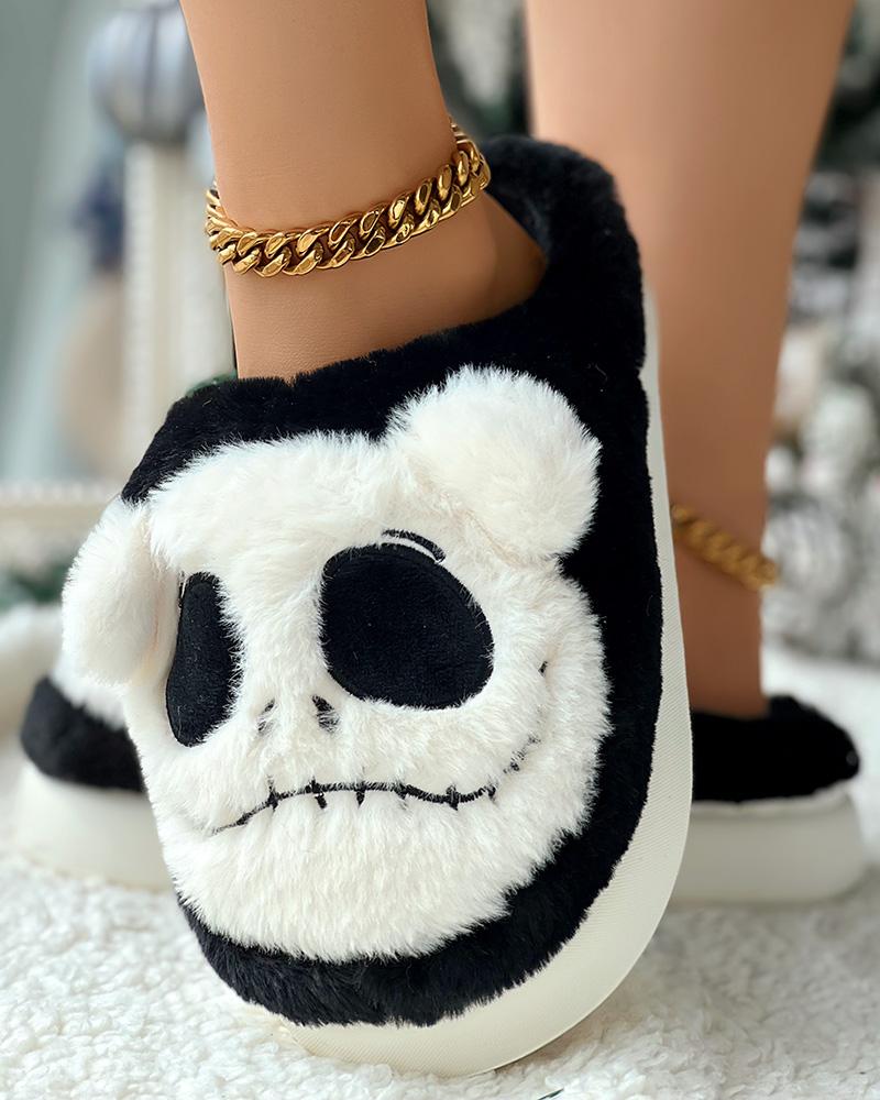 Halloween Cartoon Skull Face Platform Fuzzy Comfy Slippers