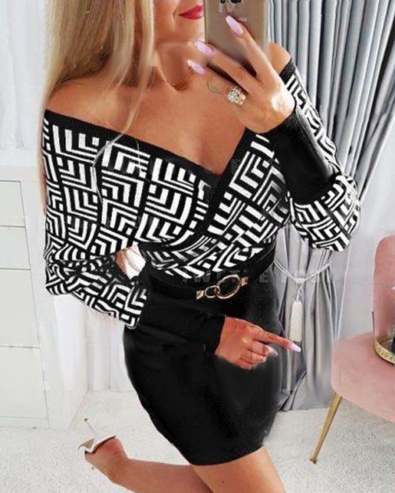 Geometric Print Long Sleeve Wrap Dress