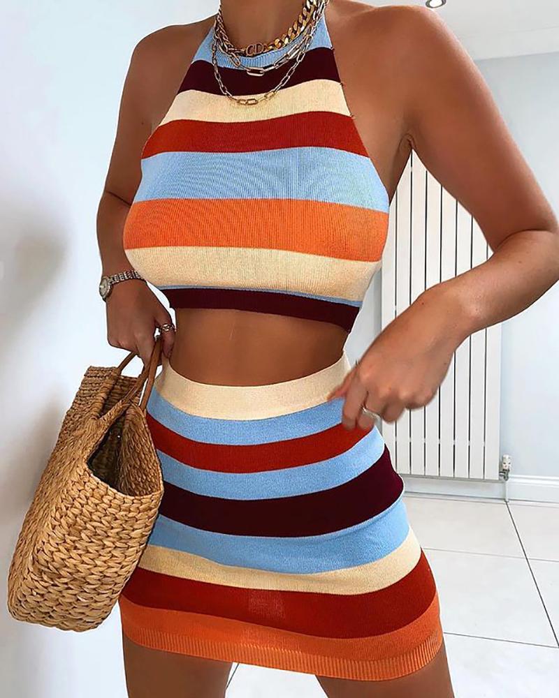 Striped Print Knit Halter Crop Top & Skirt Sets